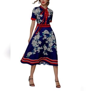 LAI MENG FIVE CATS Women's Floral Print Button up Midi Dress Casual A-line Shirt